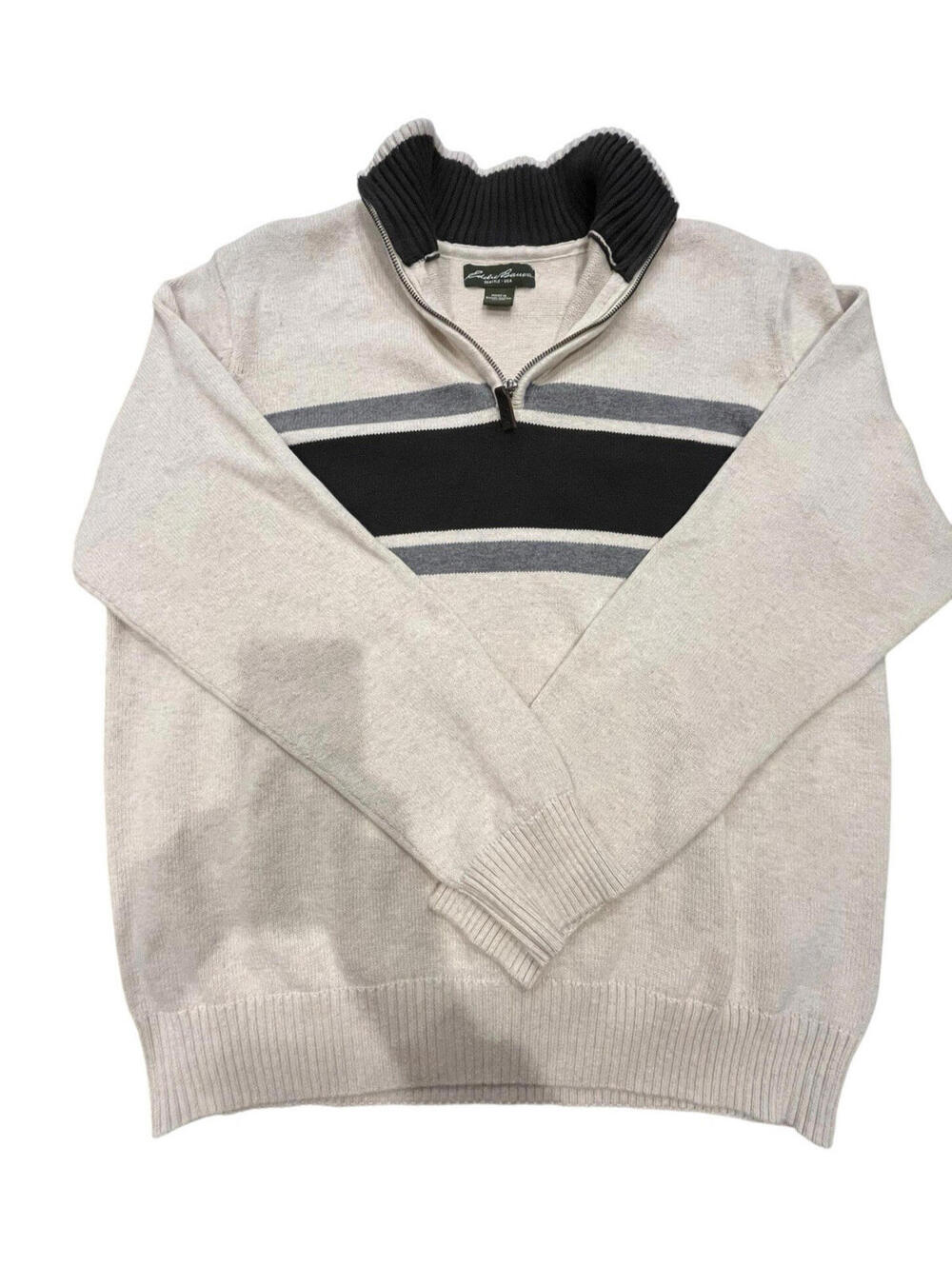 Eddie Bauer Sweater Mens  1/4 zip Y2K long sleeve Sz XL Cream With stripes